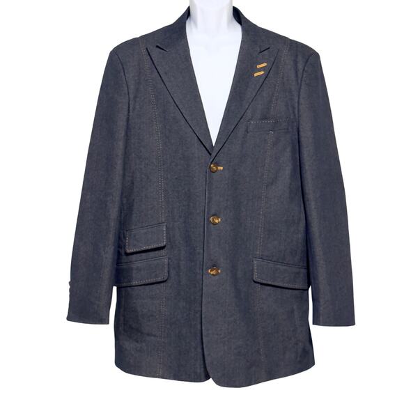 Falcone Super 100 Blue‎ Martini Denim Blazer Sz 42L Tailored - Picture 1 of 15